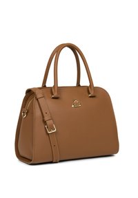 Middelgrote tan leren handtas met dubbele handvatten, afneembare schouderriem en gouden hardwareaccenten. Glad textuur met afgeronde randen.