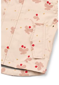 Ανοιχτό μπεζ μπουφάν με λουλουδάτ α σχέδια σε ροζ και κόκκινο. Διαθέτει μπροστινή τσέπη, κουμπώματα και απαλό, υφασμάτινο ύφασμα με υφή.