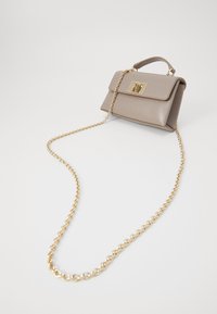 Gray textured handbag with a gold chain strap, rectangular shape, flap closure, and a gold hardware accent on the front.