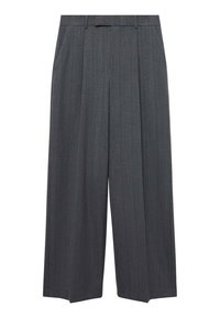 Pantalon large sur mesure gris foncé avec fines rayures, plis à l'avant, passants de ceinture et poches latérales.