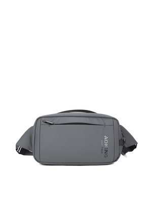 Borsa a spalla grigia realizzata in materiale resistente, dotata di una tasca anteriore con cerniera, tracolla regolabile e branding discreto sul lato.