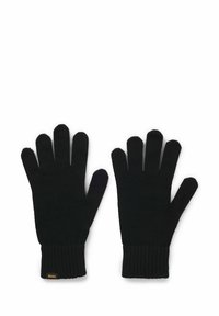 Svarta stickade handskar med ribbad manschett och en liten orange etikett. Femfingerdesign, slät textur som är lämplig för kallt väder.