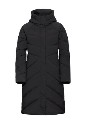 Giacca imbottita nera con cappuccio, caratterizzata da cuciture a zig zag, maniche lunghe e una silhouette dritta. Collo alto, senza hardware visibile.