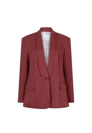 Damesblazer in roestrood met één knoop, brede revers en klepzakken, gevoerd met licht gestreepte stof.