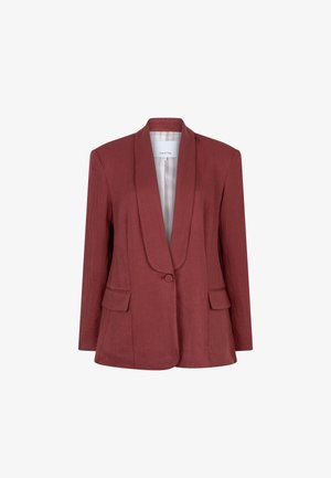 Blazer pour femme rouge rouille à un bouton, avec de larges revers et des poches à rabat, doublé d'un tissu rayé clair.