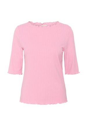 Pink ribbed top with a scalloped neckline and short sleeves, featuring a soft texture and fitted design.
