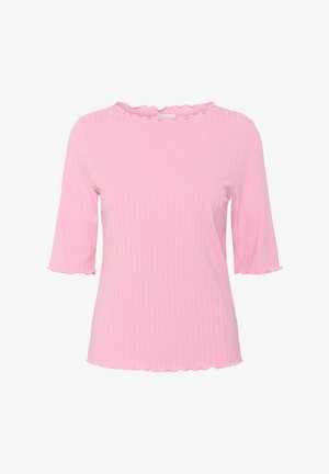 Roosa ribatidest topp, millel on laineline kaelus ja lühikesed varrukad, iseloomustades pehmet tekstuuri ja vormi järgivat disaini.