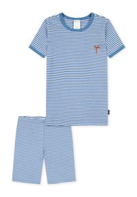 Dětská pruhovaná pyžamová souprava v světle a tmavě modré barvě. Tričko s krátkým rukávem a kulatým výstřihem, logo na levé části hrudi a odpovídající šortky. Bavlněný materiál.