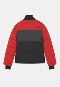 Chaqueta acolchada en rojo, gris y negro. Presenta un cuello, puños elásticos y una marca en la parte superior de la espalda. Tejido texturizado con bloques de colores.