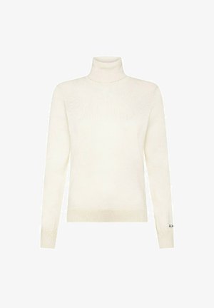 Maglione bianco con collo alto e maniche lunghe, polsini e orlo a coste, caratterizzato da una trama morbida e un design minimalista. Dettaglio logo discreto sulla manica.