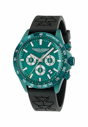Aston Martin chronograafhorloge met een teal roestvrijstalen kast, zwarte rubberen band, witte wijzerplaat subwijzerplaten en tachymeterschaal.