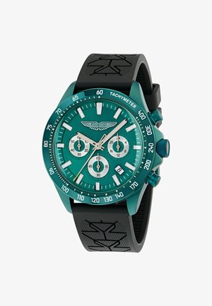 Ceas cronograf Aston Martin cu carcasă din oțel inoxidabil teal, curea neagră din cauciuc, sub-cifre albe pe cadran și scară tahimetrică.