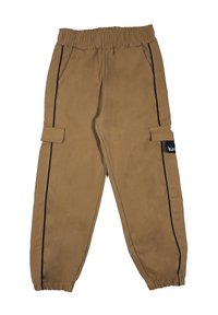 Pantaloni cargo marroni con una cintura elastica, tasche laterali e strisce nere sui lati. Realizzati in un tessuto testurizzato.