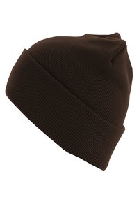 Brown knitted beanie with a ribbed texture, foldable cuff, and slightly pointed top, made from soft, stretchy material.