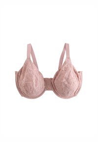 Soutien-gorge en dentelle rose pâle avec un design à demi-bonnets rembourrés, bretelles réglables et motif floral, doté d'une texture douce et d'une fermeture au dos.