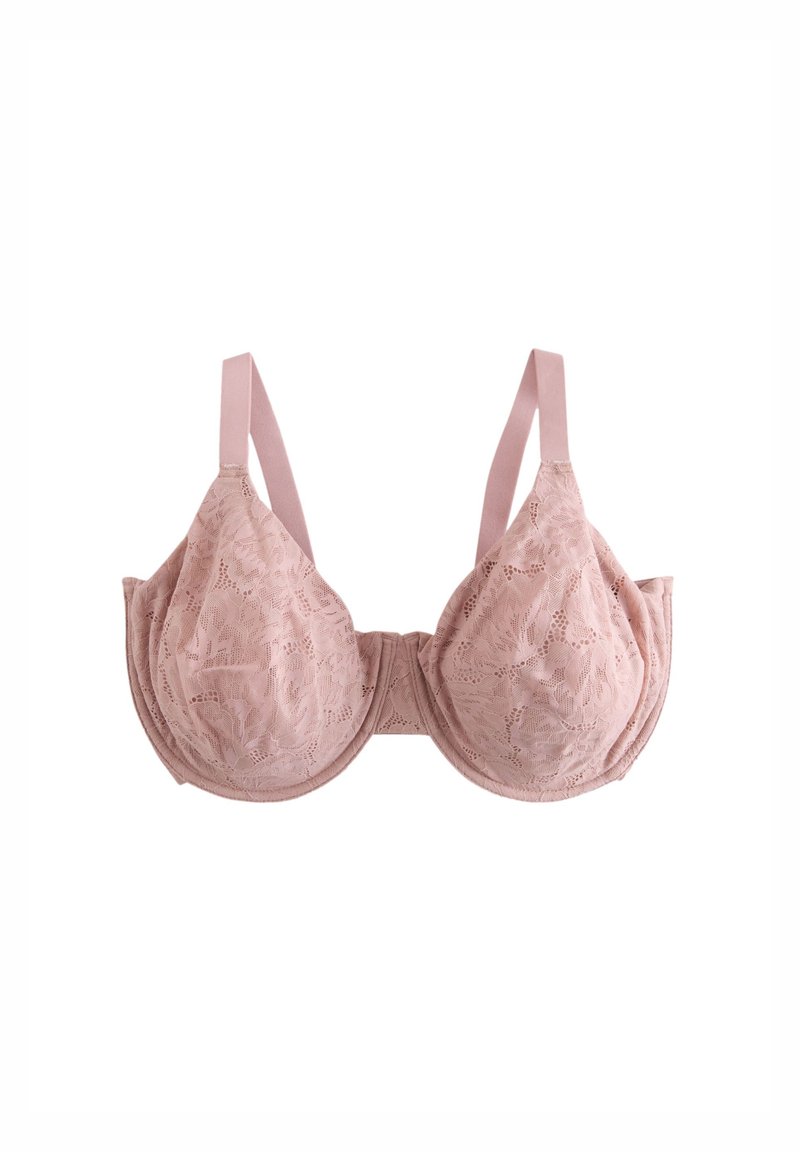 Soutien-gorge en dentelle rose pâle avec un design à demi-bonnets rembourrés, bretelles réglables et motif floral, doté d'une texture douce et d'une fermeture au dos.