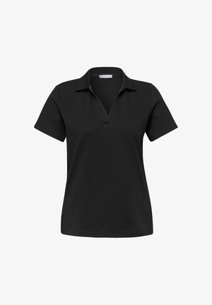 Schwarzes Poloshirt mit kurzen Ärmeln, Kragen und V-Ausschnitt, schlichtes Design und gerader Saum.