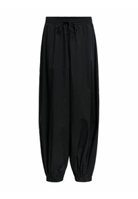 Schwarze, locker sitzende Hosen mit elastischem Bund und Knöchelabschlüssen, ausgestattet mit einem Kordelzug am Bund.