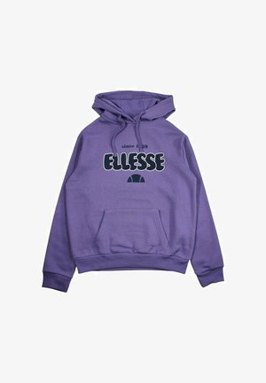 Sweat à capuche violet avec une poche kangourou à l'avant, une capuche à cordon de serrage, et un grand logo "ELLESSE" accompagné du texte "depuis 1959" en couleurs contrastantes.