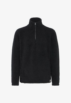 Must musta pullover, kus on kõrge krae ja poole tõmblukuga esikülg. Materjalil on tekstuuriline, pehme välimus ja pikkade varrukatega.