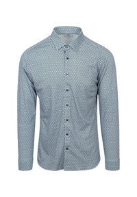 Langarmshirt met een blauw-wit geometrisch patroon, knoopsluiting aan de voorkant en een klassieke kraag. Zachte stof met een gladde textuur.