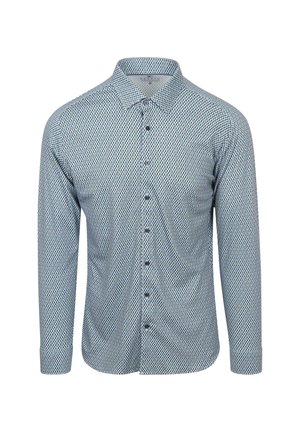Langarmshirt met een blauw-wit geometrisch patroon, knoopsluiting aan de voorkant en een klassieke kraag. Zachte stof met een gladde textuur.