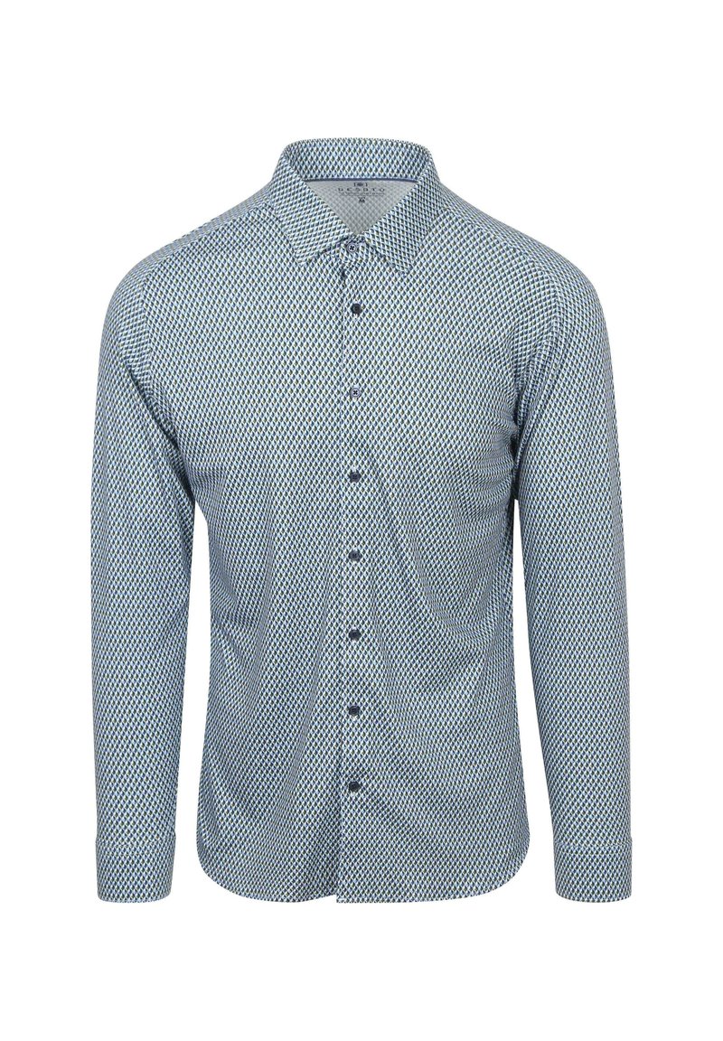 Langarmshirt met een blauw-wit geometrisch patroon, knoopsluiting aan de voorkant en een klassieke kraag. Zachte stof met een gladde textuur.