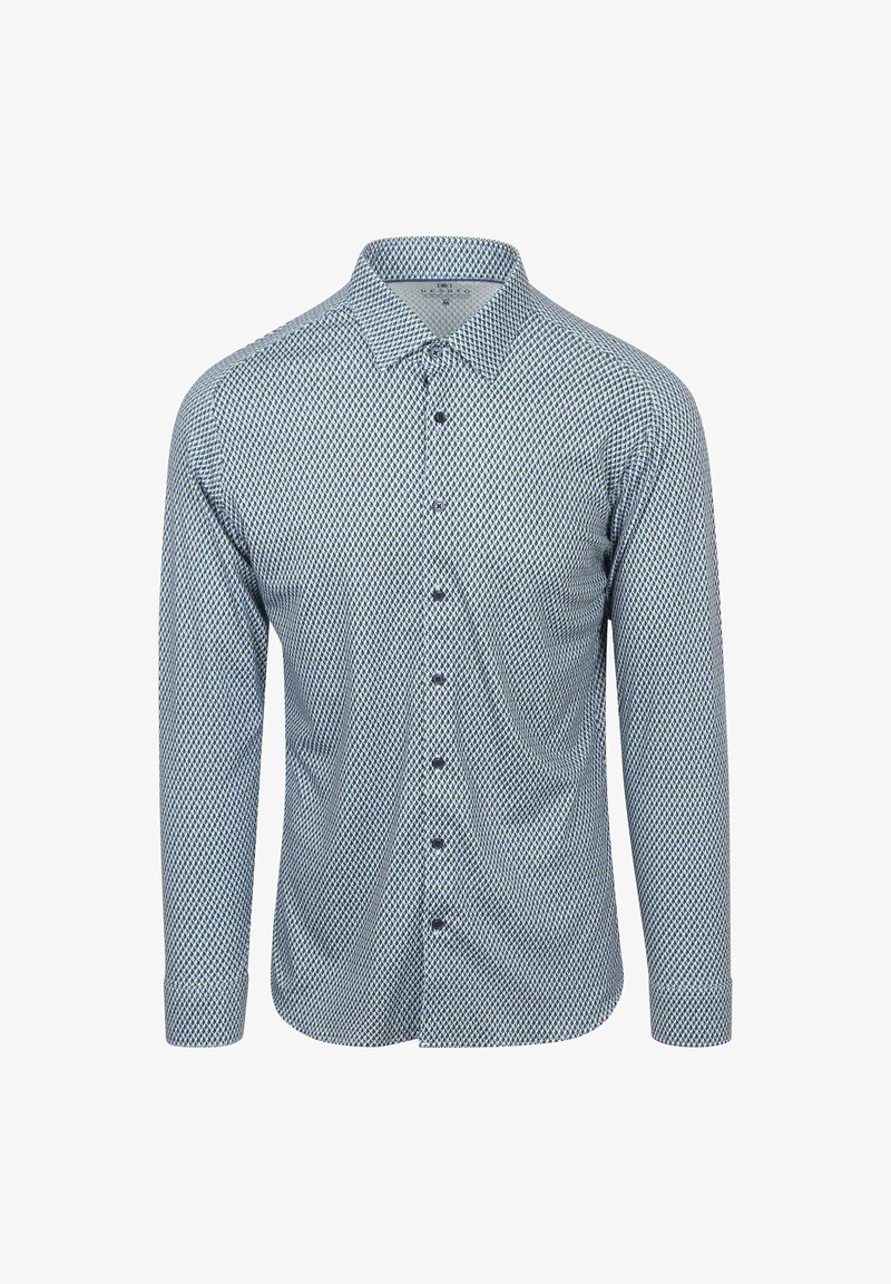 Langarmshirt met een blauw-wit geometrisch patroon, knoopsluiting aan de voorkant en een klassieke kraag. Zachte stof met een gladde textuur.