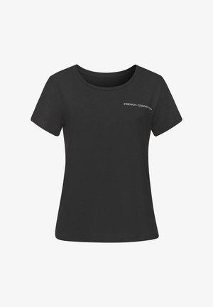 Schwarzes T-Shirt aus Baumwolle. Hat einen runden Halsausschnitt und kurze Ärmel. Enthält das weiße "FRENCH CONNECTION"-Logo auf der linken Brust.