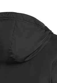 Chaqueta negra con capucha, de textura suave y brillante, que presenta una capucha ligeramente fruncida y costuras a lo largo de los hombros y la espalda.
