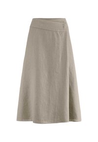 Beige A-Linien-Rock aus Leinenstoff. Verfügt über einen glatten Bund und eine fließende Silhouette mit einem knielangen Saum und weicher Textur.