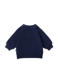Navy blue sweatshirt with long raglan sleeves, ribbed cuffs, and hem. Made of soft fabric with a simple design and no visible patterns.