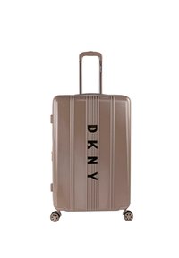 Maleta dura en taupe metálico, con surcos verticales, logo en relieve en negro, mango retráctil y cuatro ruedas giratorias.