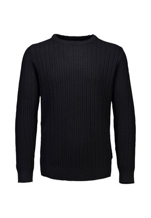 Zwart gebreid sweater met een textuurpatroon en geribbelde manchetten, met een ronde halslijn en lange mouwen.