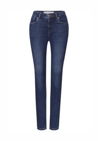 Jeans skinny de denim azul oscuro con diseño de cinco bolsillos, cierre de botón y sutilezas en las costuras, que presentan una forma ajustada y una textura suave.