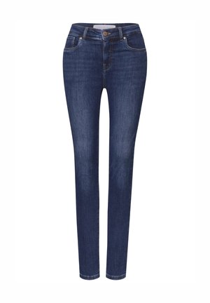 Donkerblauwe denim skinny jeans met een vijf-vakken ontwerp, knoopsluiting en subtiele stikseldetails, met een getailleerde pasvorm en een gladde textuur.