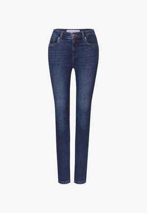 Donkerblauwe denim skinny jeans met een vijf-vakken ontwerp, knoopsluiting en subtiele stikseldetails, met een getailleerde pasvorm en een gladde textuur.