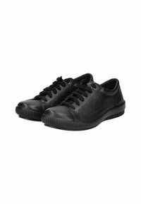 Schwarze Ledersneaker mit glatter Textur, runder Spitze und Gummisohle mit geripptem Akzent. Schnürsenkel und Ösen auf der Oberseite.