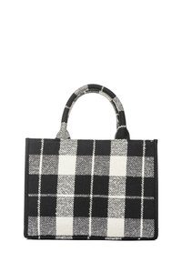 Borsa a mano a quadri con motivo a scacchi bianco e nero, materiale in tessuto, manici superiori robusti e forma rettangolare strutturata.