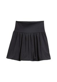 Zwarte flared rok met een brede tailleband, gemaakt van een gladde stof, met geplooide details voor volume en een lengte tot halverwege de dij.
