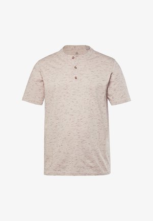 Hellbeige Henley-Shirt mit kurzen Ärmeln, dezenten braunen Sprenkeln und drei braunen Knöpfen auf der vorderen Knopfleiste.