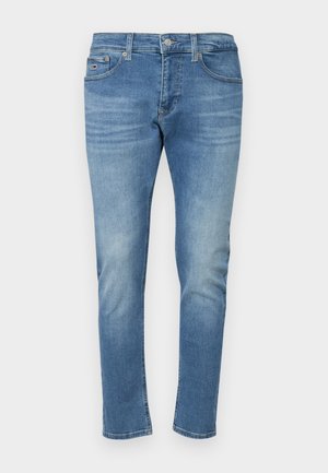 Helle blaue Denim-Jeans im Slim-Fit-Stil mit Knopfverschluss, fünf Taschen und einem verblassten Wasch-Effekt. Logotag am Bund.