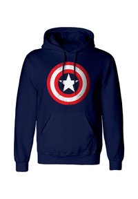 Sudadera de color azul marino con un bolsillo frontal, que presenta un gráfico desgastado del escudo del Capitán América en rojo, blanco y azul en el pecho.