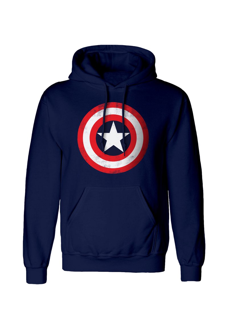 Sudadera de color azul marino con un bolsillo frontal, que presenta un gráfico desgastado del escudo del Capitán América en rojo, blanco y azul en el pecho.