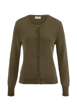 Cardigan verde oliva a maniche lunghe con scollo rotondo, chiusura frontale con bottoni, polsini e orlo a coste, realizzato in tessuto a maglia.