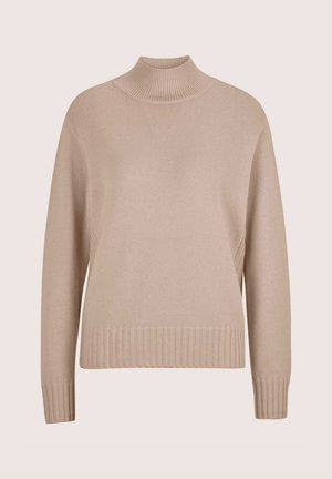 Beige, geripptes Strickpullover mit Stehkragen, langen Ärmeln sowie gerippten Bündchen und Saum, vor einem schlichten Hintergrund präsentiert.