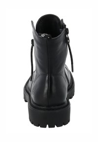 Stivale alla caviglia in pelle nera con colletto imbottito, punta arrotondata, cuciture visibili e suola in gomma resistente. Dotato di una cerniera funzionale e dettagli con lacci.