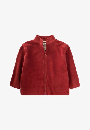 Rode fleece jas met een hoge kraag, voorkant met rits en twee zijzakken. Zachte textuur en lange mouwen, ontworpen voor warmte en comfort.