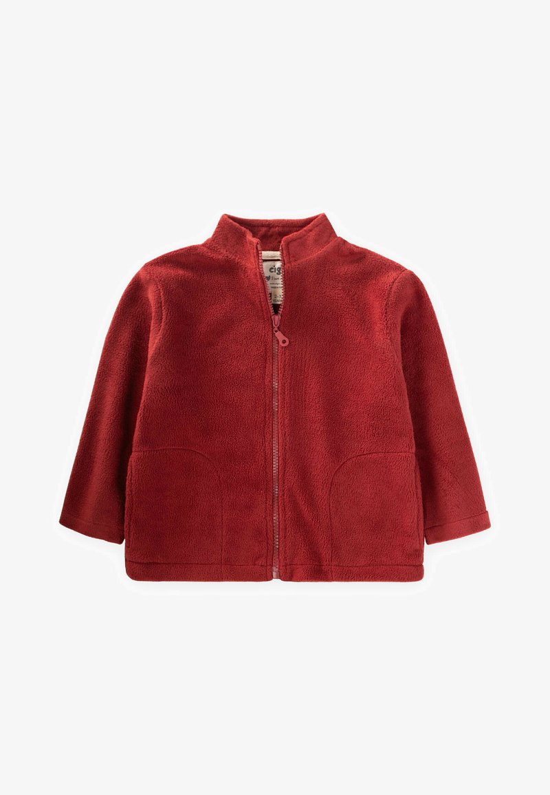 Rote Fleecejacke mit hohem Kragen, Frontreißverschluss und zwei Seitentaschen. Weicher Stoff und lange Ärmel, entworfen für Wärme und Komfort.