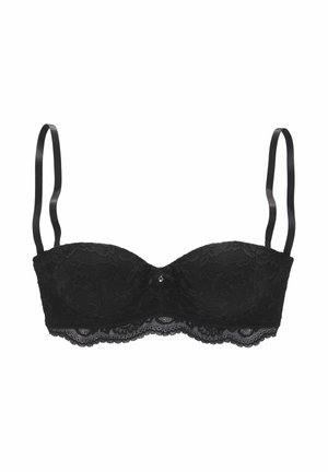 Schwarzer Spitzen-Balconette-BH mit glatten Schalen, verstellbaren Satinschulterträgern, floralen Mustern und einem kleinen dekorativen Akzent in der Mitte.